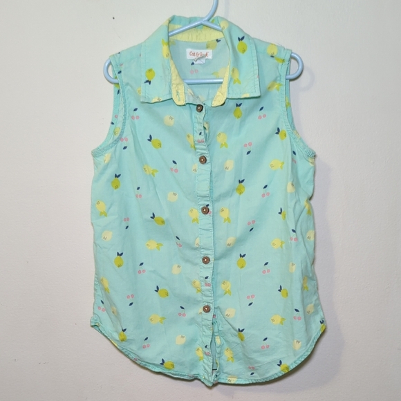 Cat & Jack Lemon Lime + Cherry Print Sleeveless Button Down Girls Size M 7-8 - Picture 1 of 4